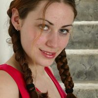 European first timer in braided ponytails touting puny titties and unshaven vagina